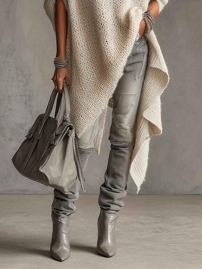 Asymmetrical Hem High-neck Knit Midi Dress