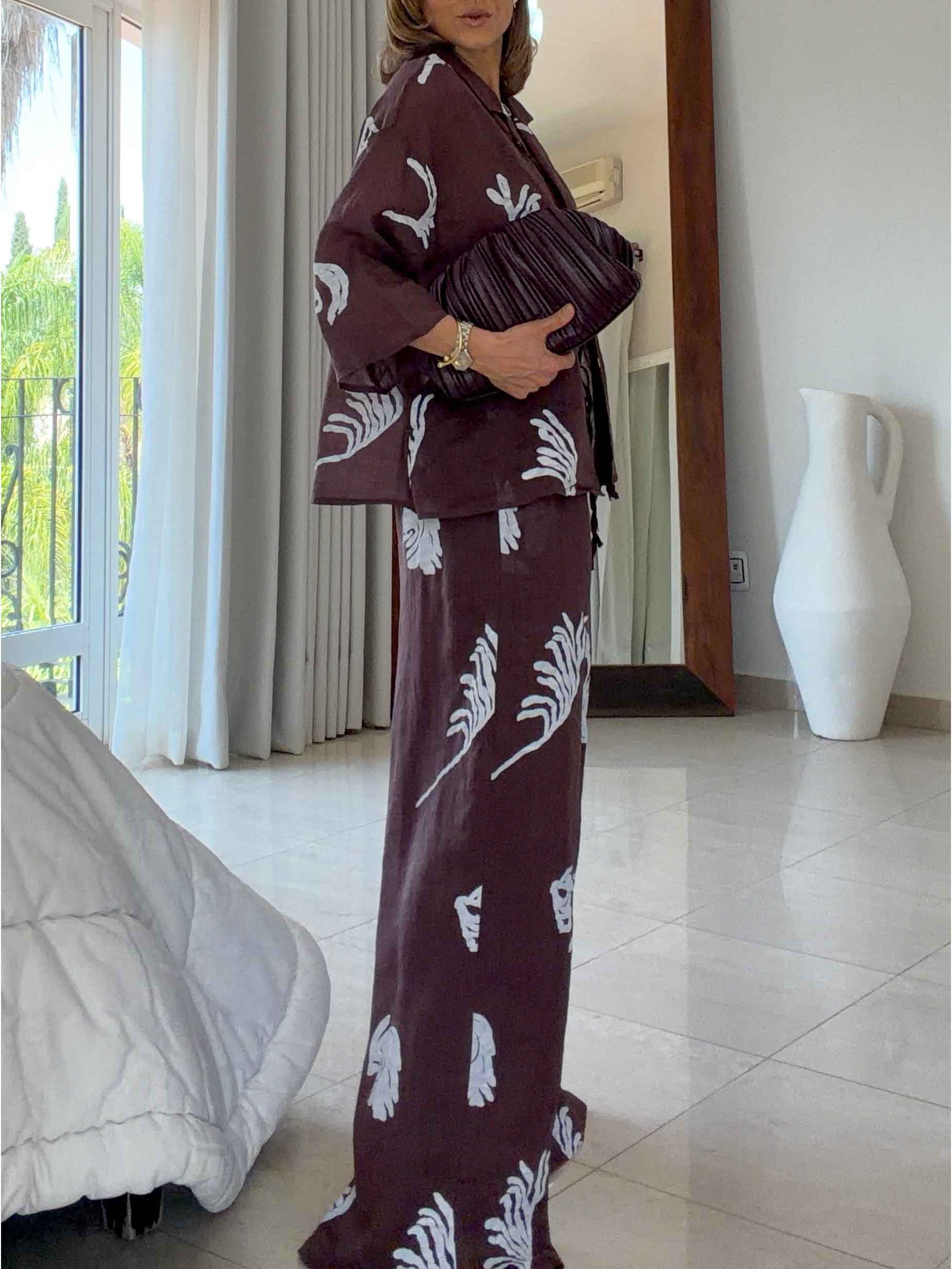 Exquisite Tropical Leaf Print Shirt & Pants Two-Piece Set