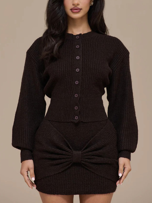 Casual Bow-tie Cardigan Sweater And Skirt Two-piece Set