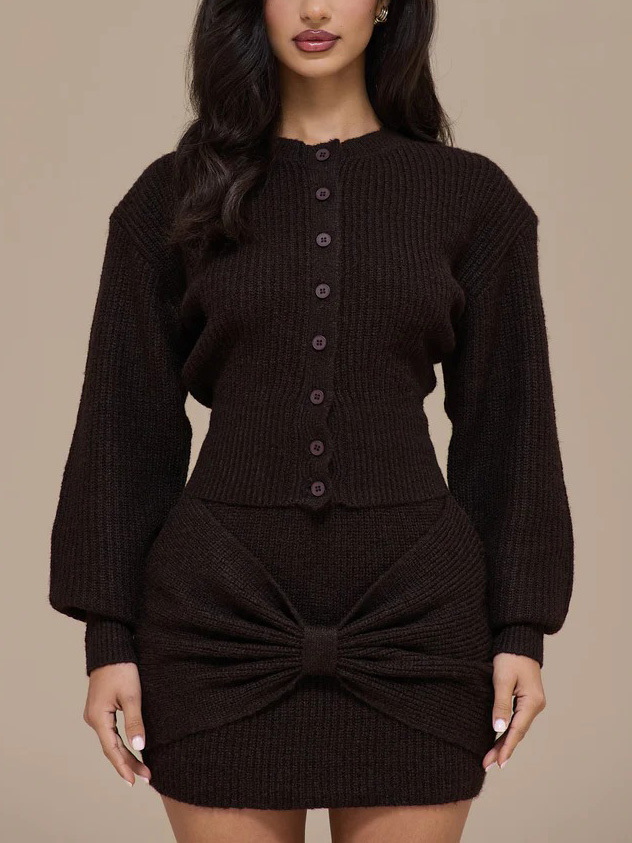 Casual Bow-tie Cardigan Sweater And Skirt Two-piece Set
