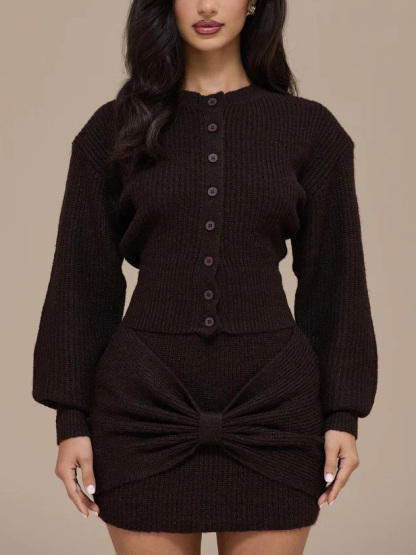 Casual Bow-tie Cardigan Sweater And Skirt Two-piece Set