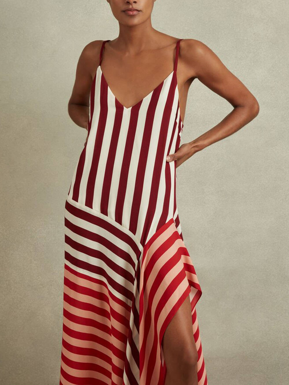 Exquisite Color-Block Striped Asymmetric Maxi Dress