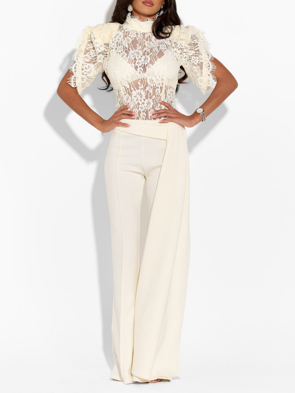 Elegant Lace High-Neck Top & Wide-Leg Pants Two-Piece Set
