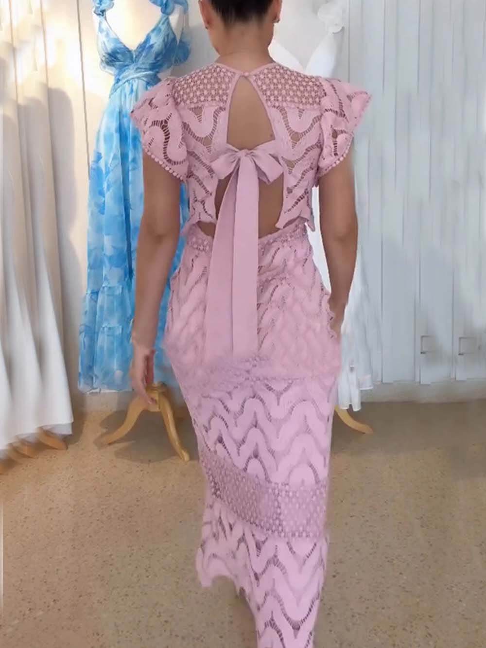 Retro Wave Dot Embroidery Lace Back Tie-up Top and Elastic Waist Maxi Skirt Set