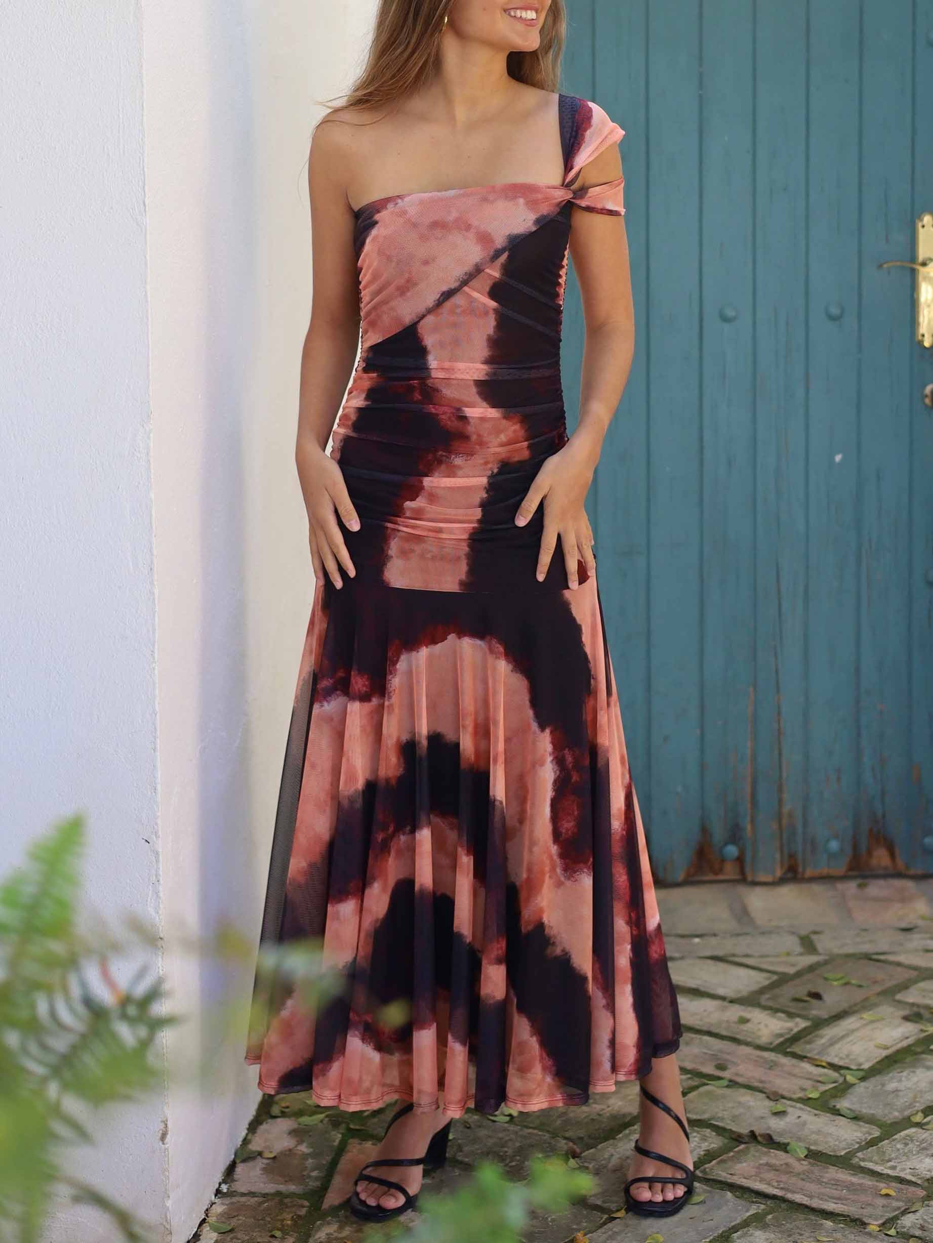 Elegant One-Shoulder Ruched Tie-Dye Chiffon Maxi Dress