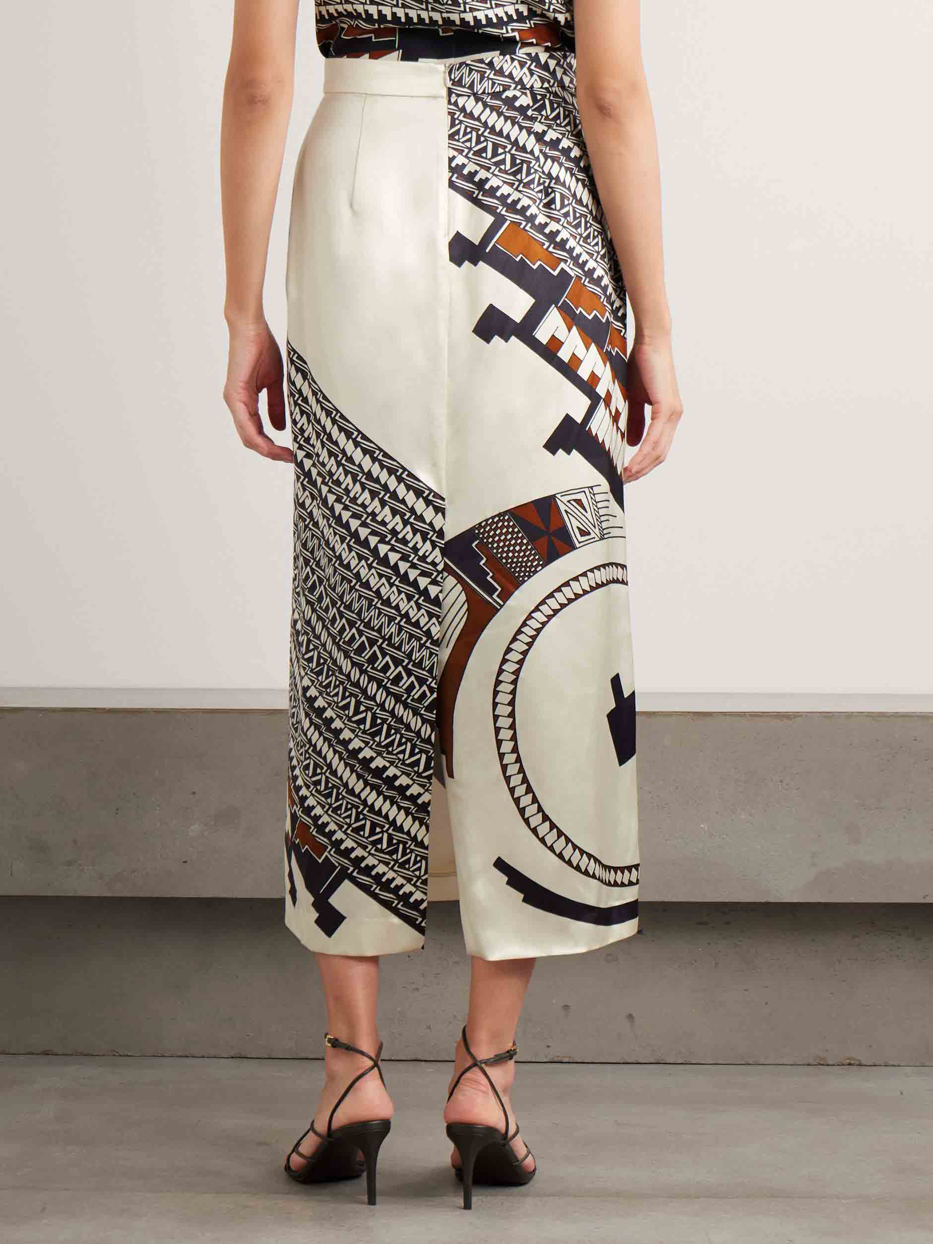 Geometric Print Satin Crop Top & Midi Skirt Two Piece Set