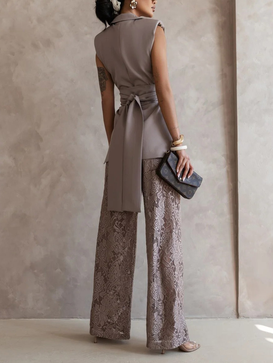 Elegant Sleeveless Blazer Top & Floral Lace Wide-Leg Pants Two-Piece Set