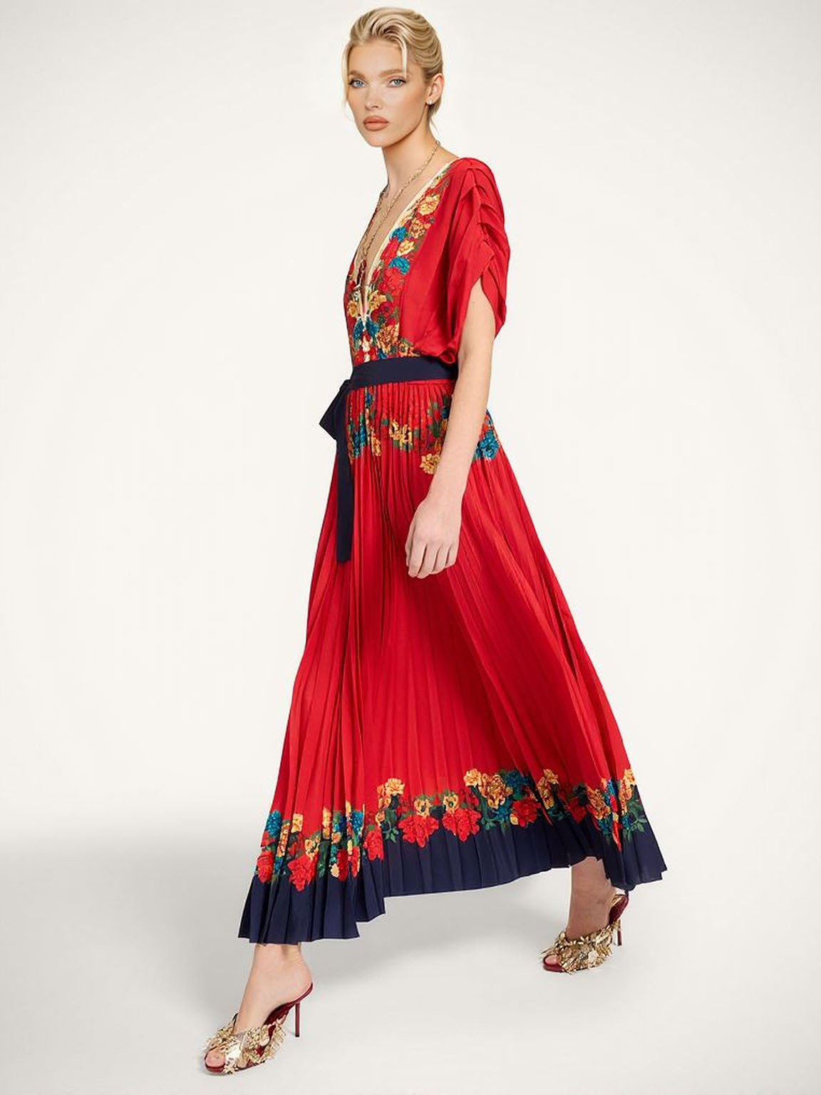 Exquisite V-Neck Pleated Print Maxi Dress
