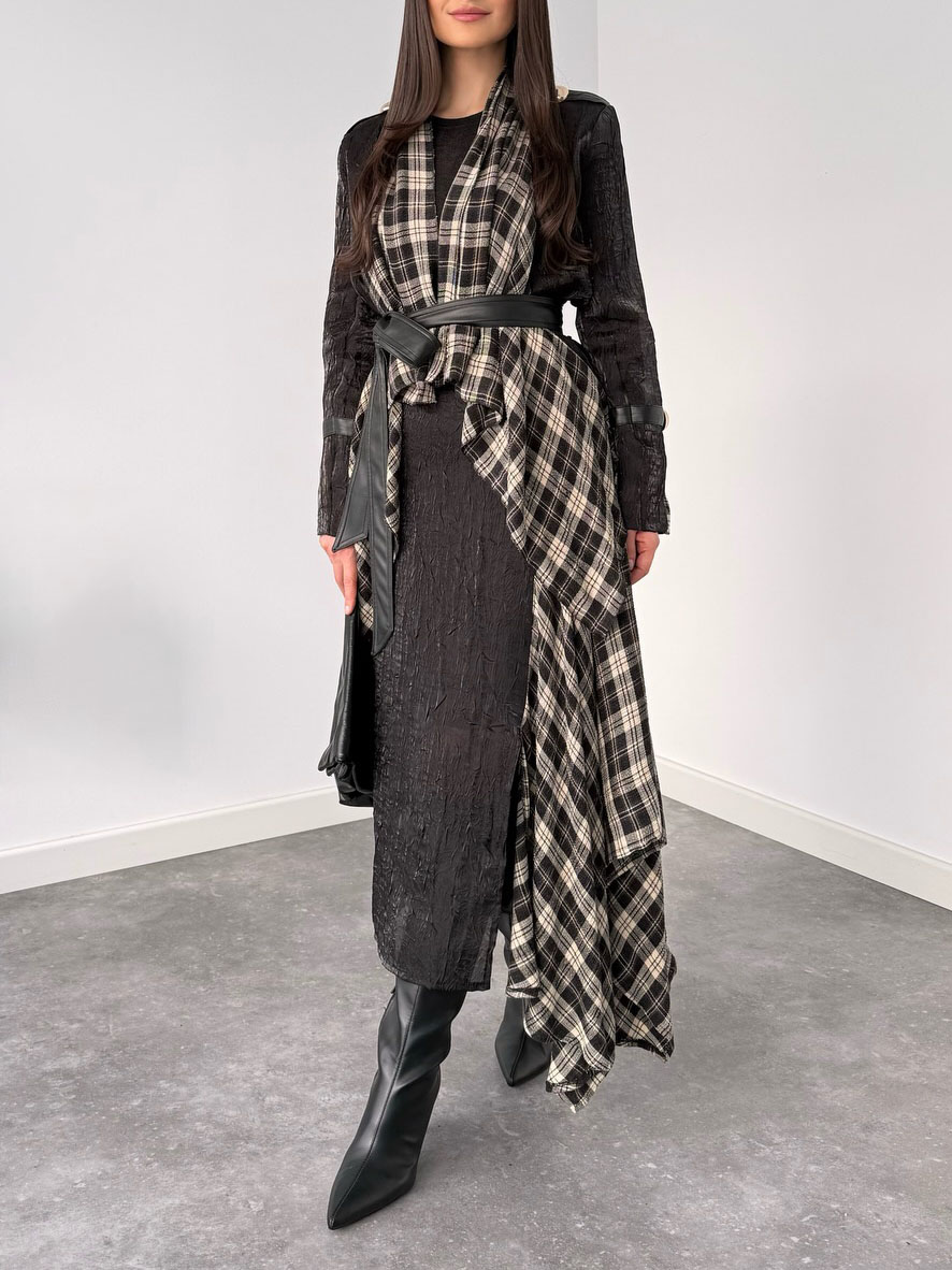 Elegant Asymmetric Plaid Overlay Top & Slim Midi Skirt Two-Piece Set