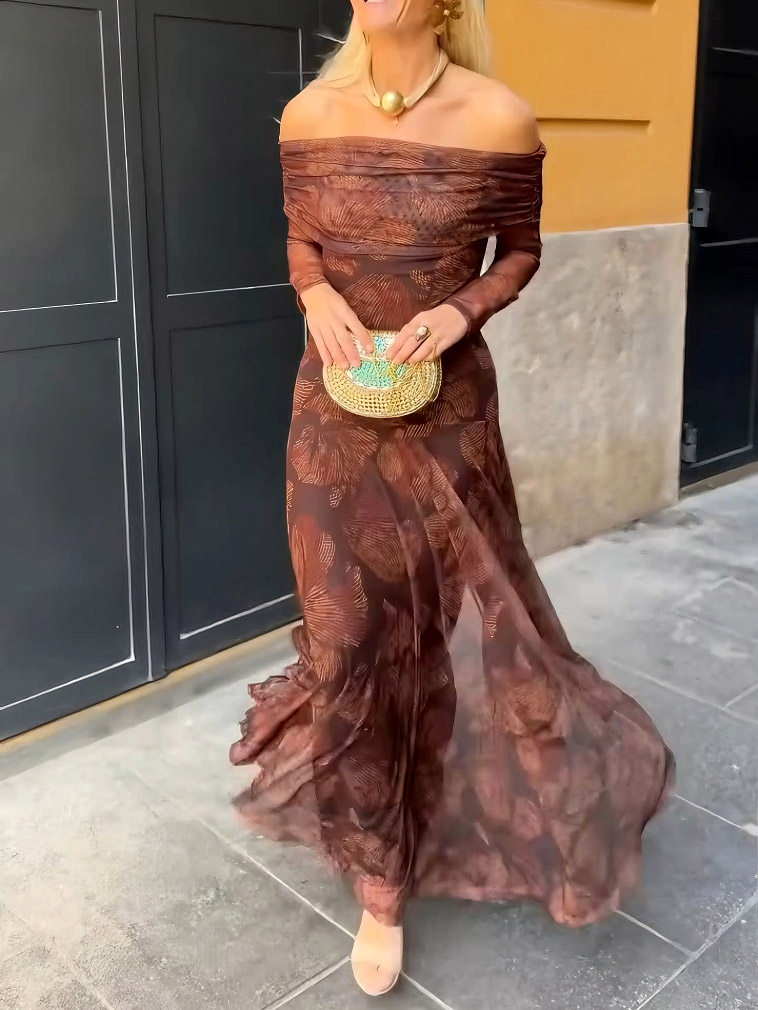 Retro Mesh Print Off-shoulder Maxi Dress