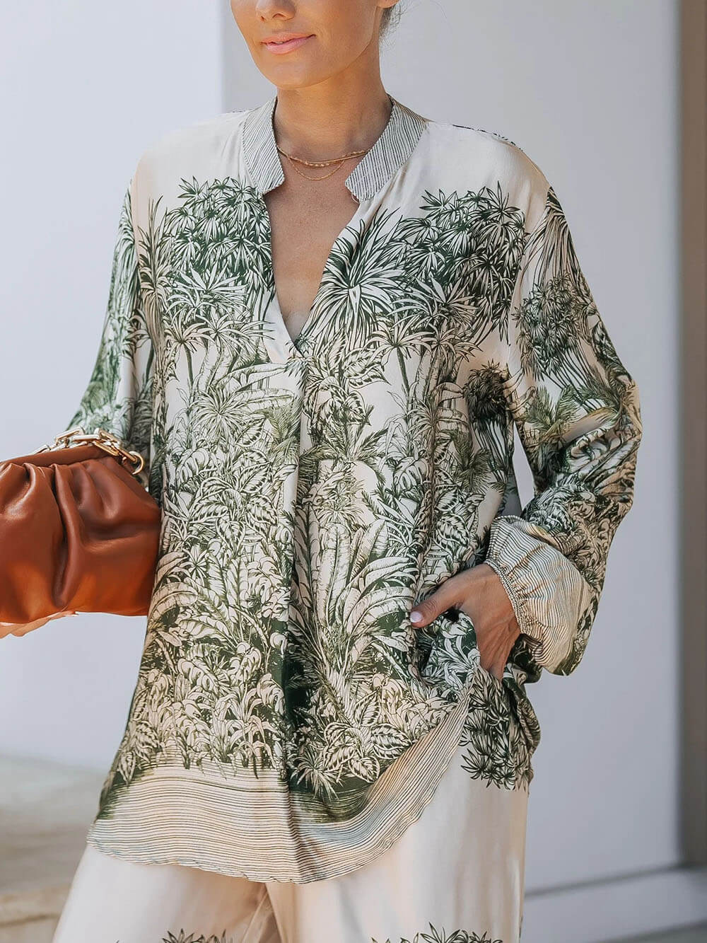 Casual Palm Leaf Print Loose Shirt And Wide-Leg Pants Set