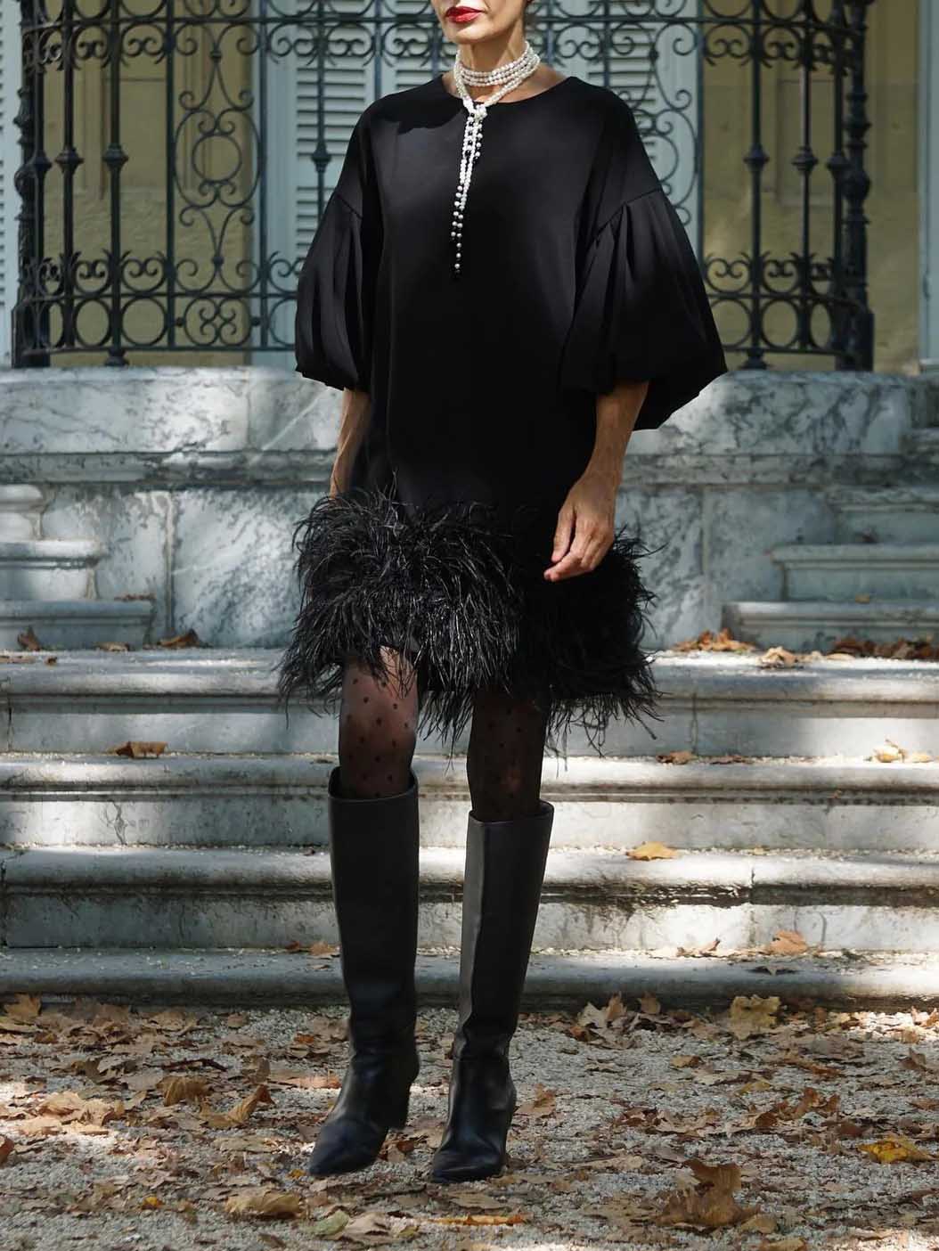 Elegant Crew Neck Feather Tassel Mini Dress