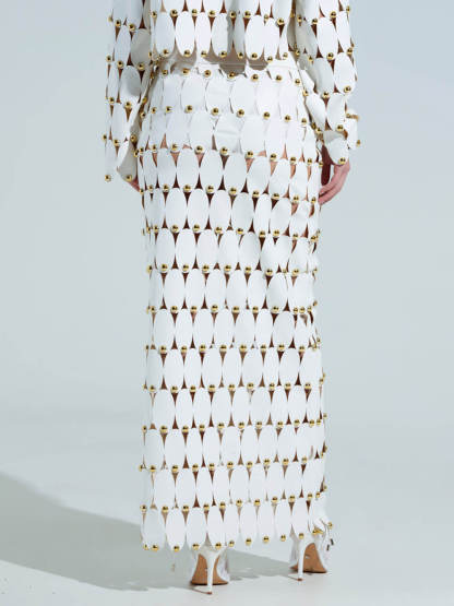 Exquisite Cut-Out Studded PU Cropped Cardigan Top