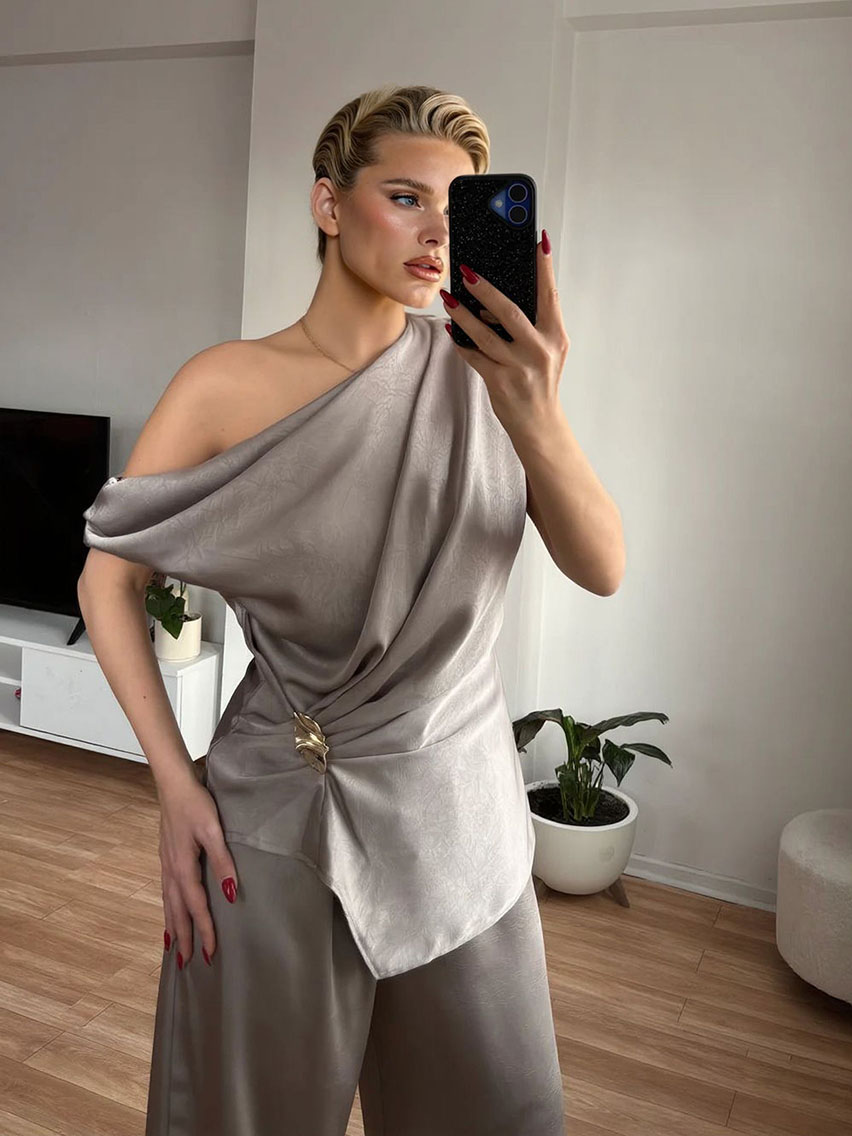 Elegant Satin One-Shoulder Draped Top & Wide-Leg Pants Two-Piece Set