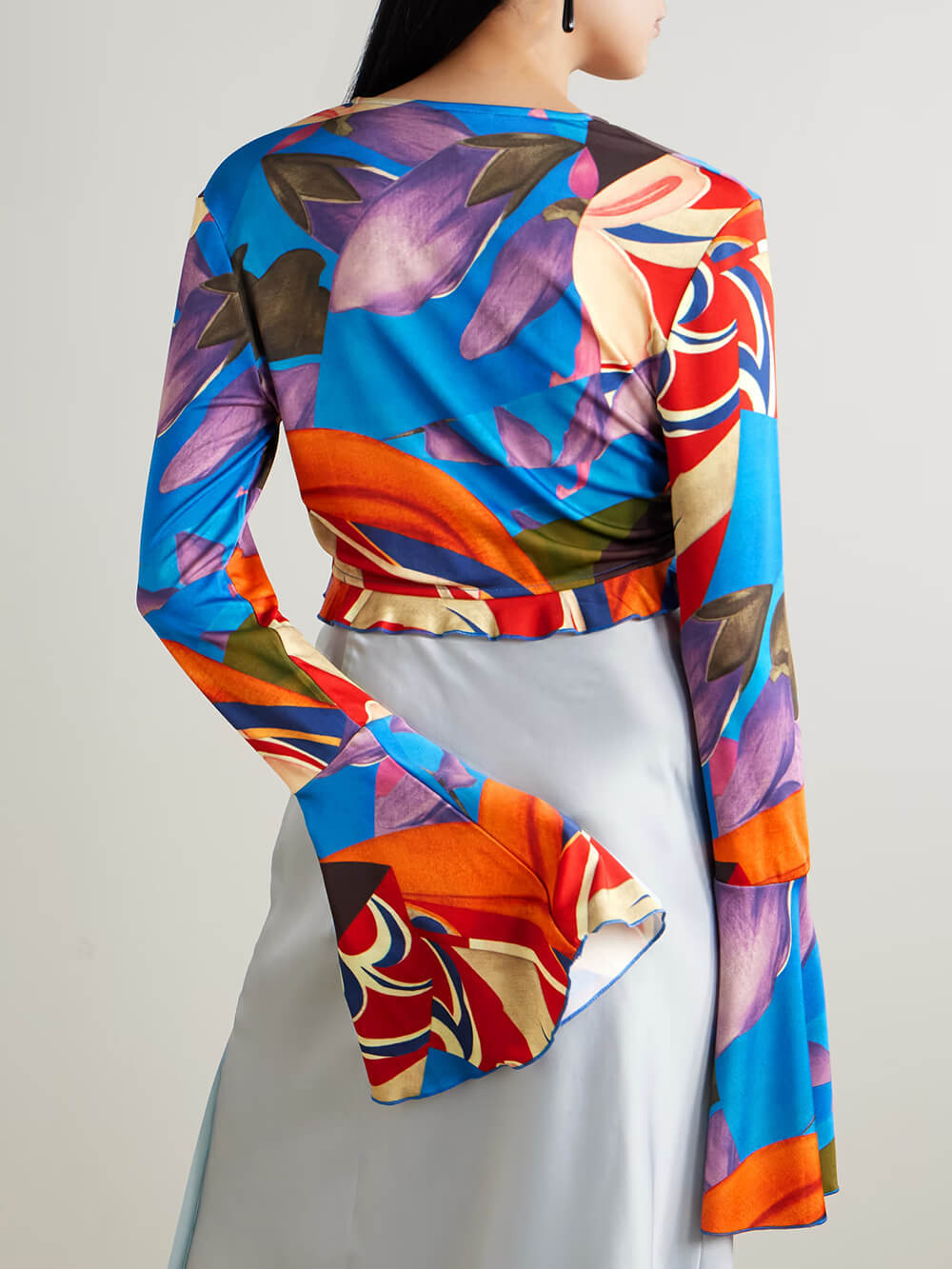 Unique Printed Satin Bell-Sleeve Top and Shorts Set