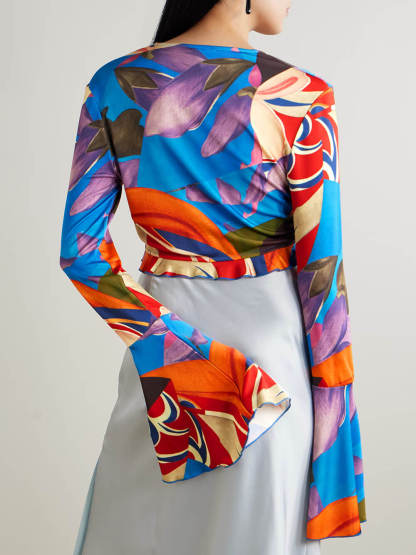 Unique Printed Satin Bell-Sleeve Top and Shorts Set