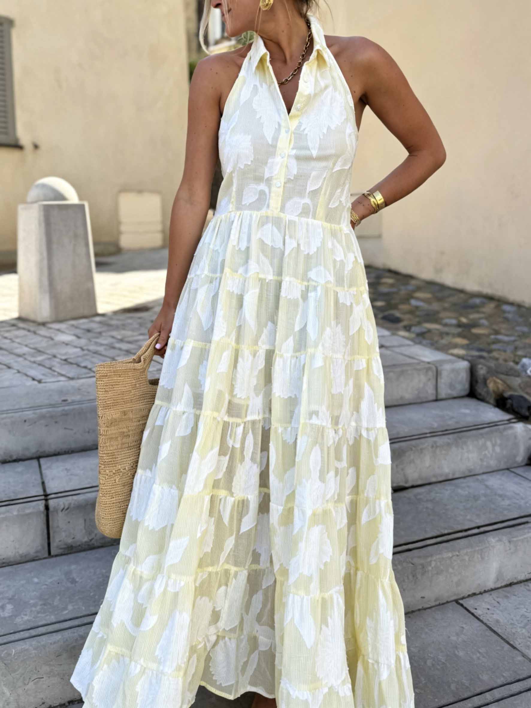 Exquisite Striped Floral Jacquard Backless Layered Maxi Dress