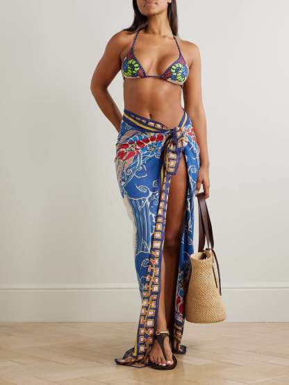 Abstract Print Sarong & Halter Bikini Two-Piece Set