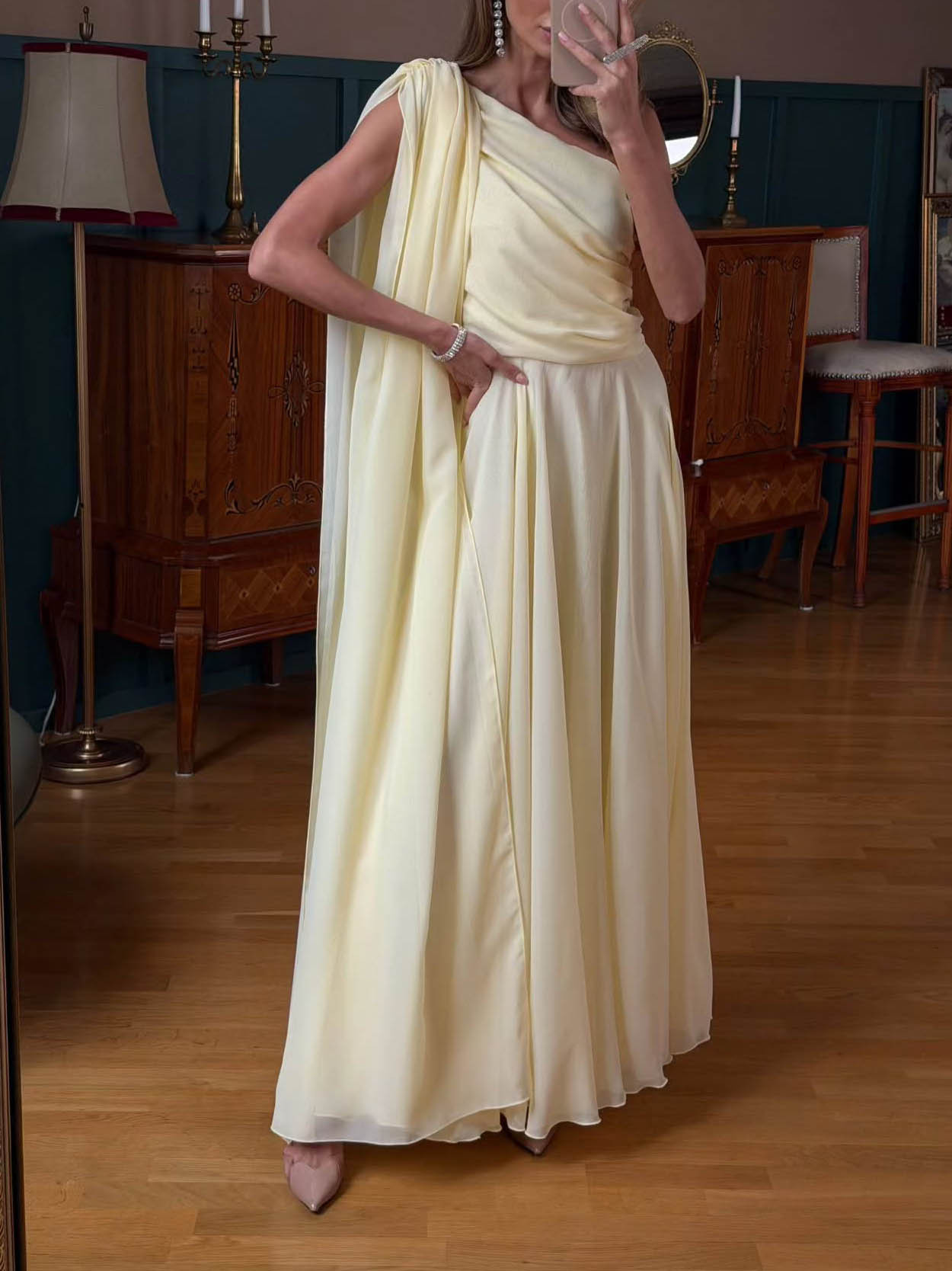 Elegant One-Shoulder Draped Chiffon Maxi Dress