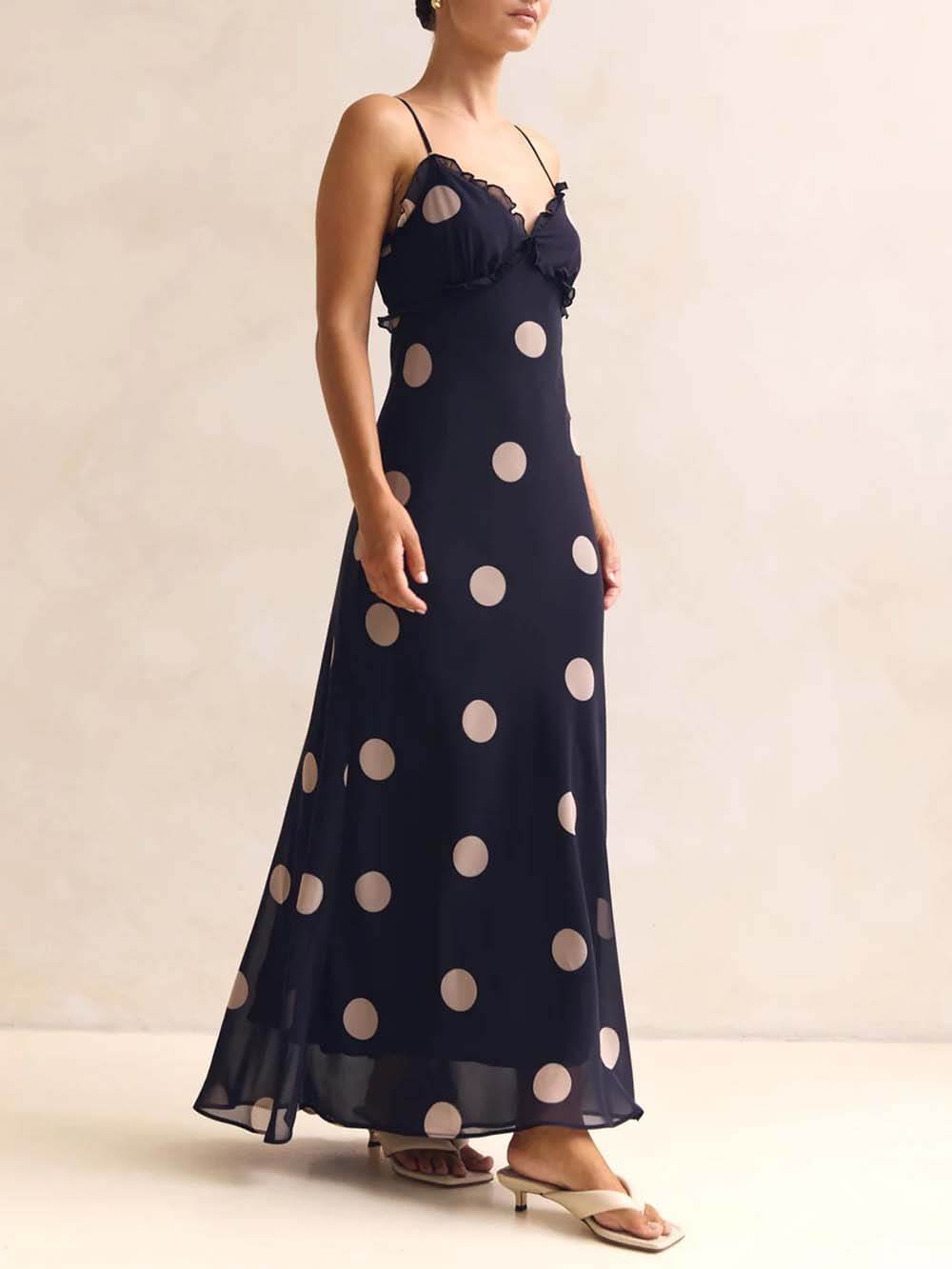 Delicate Lace-Trim Polka Dot Open-Back Maxi Dress