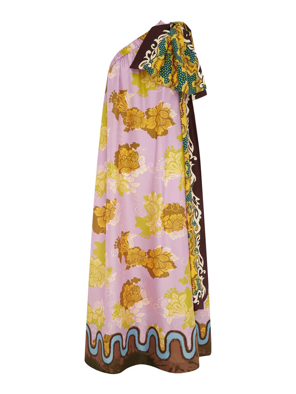 Modern One-Shoulder Printed Satin Bow Maxi Dress