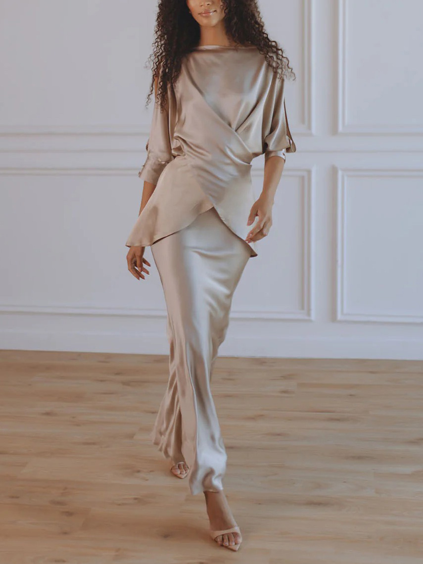 Elegant Satin Drawstring Belt Shirt Two-piece Set