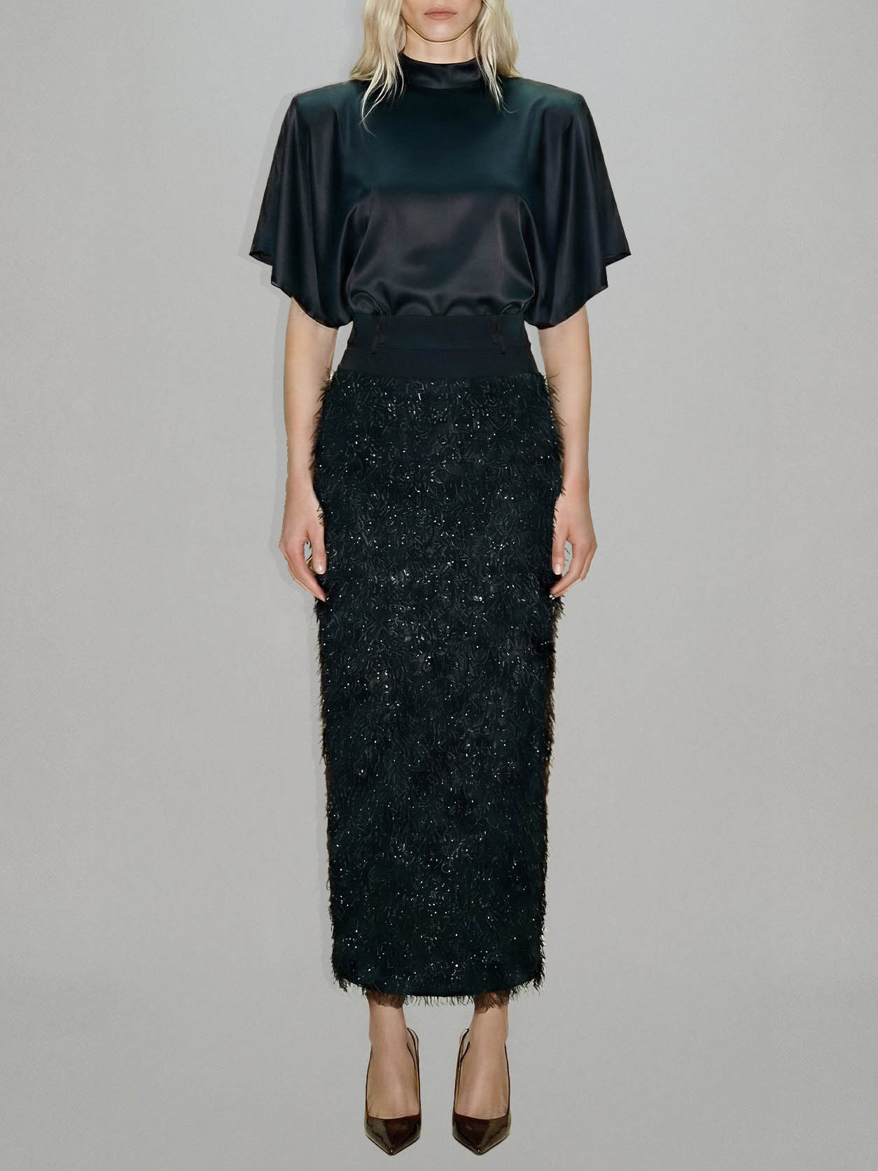 Elegant Satin Top & Sequin Feather Midi Skirt Two-Piece Set