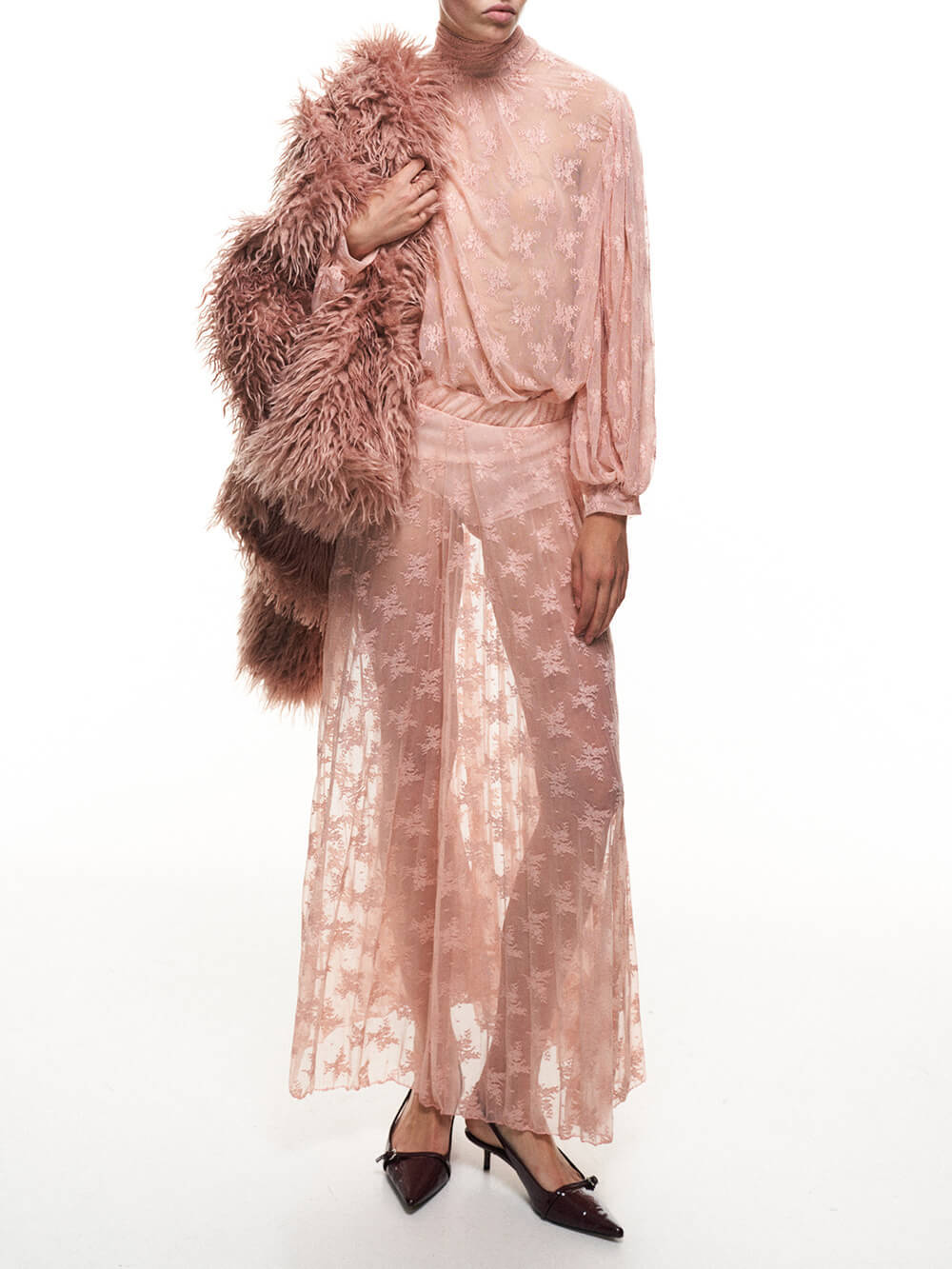 Elegant Mesh Pleated Lace High-Neck Blouse