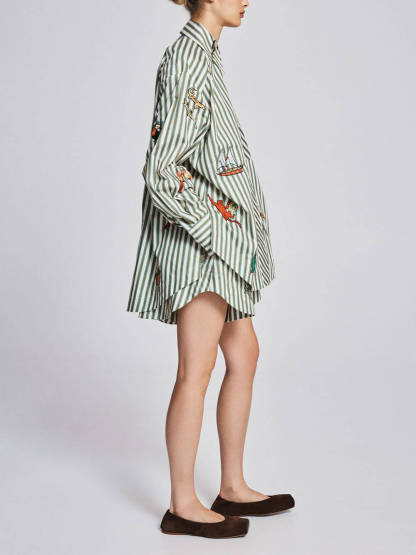 Unique Striped Print Button-Up Long-Sleeve Shirt and Elastic Waist Drawstring Shorts Set