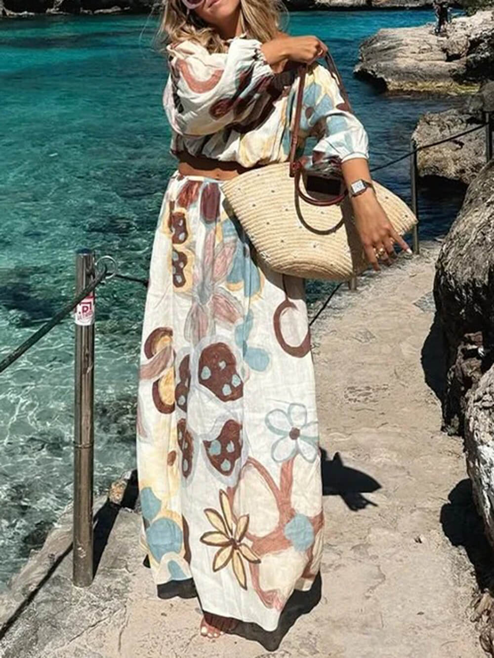 Fashionable Printed Off-Shoulder Lantern Sleeve Ruched Crop Top