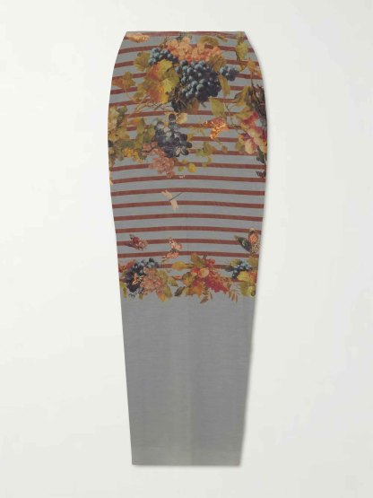 Artistic Floral Stripe Mesh Top & Midi Skirt Two-Piece Set