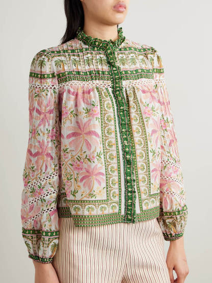 Retro Charm Crochet Trim Pleated Floral Patchwork Shirt