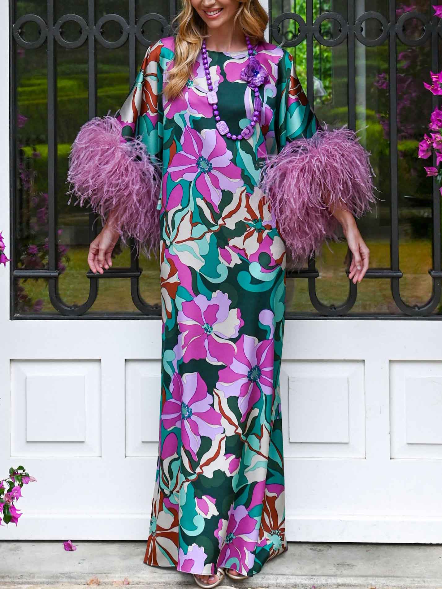 Elegant Floral Print Feather Cuff Satin Maxi Dress