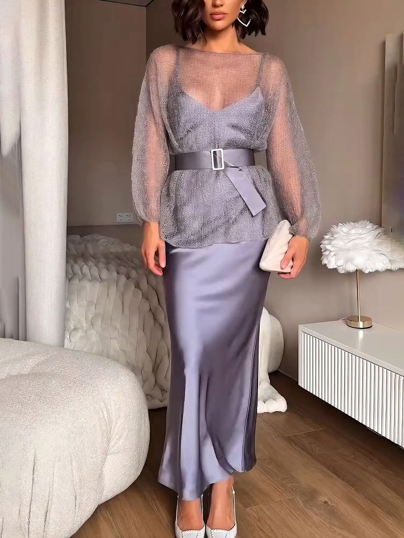 Elegant Sheer Round-Neck Long-Sleeved Sweater