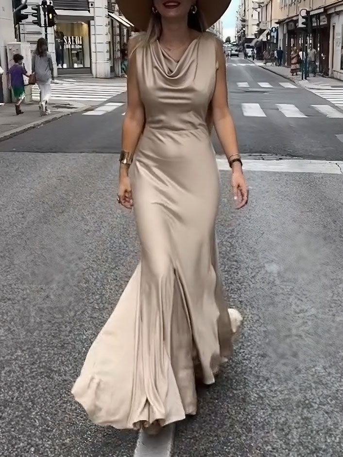 Elegant Satin Sleeveless Backless Gown Maxi Dress