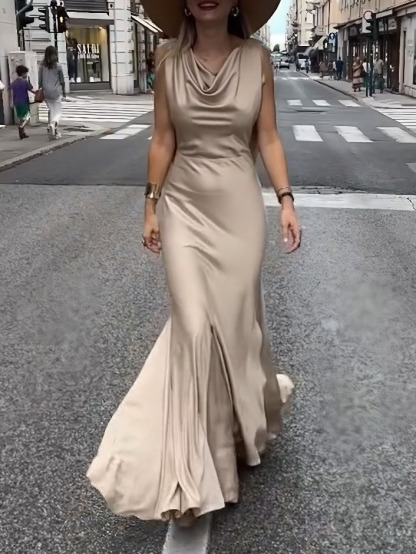 Elegant Satin Sleeveless Backless Gown Maxi Dress