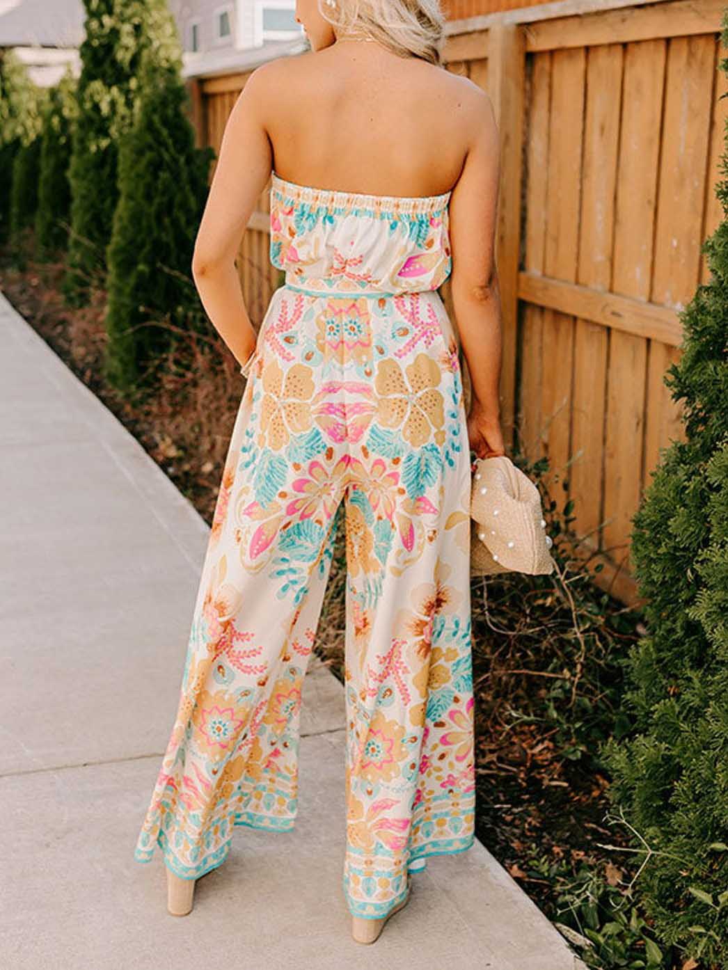 Exquisite Folk Style Printed Wrap Collar Jumpsuit