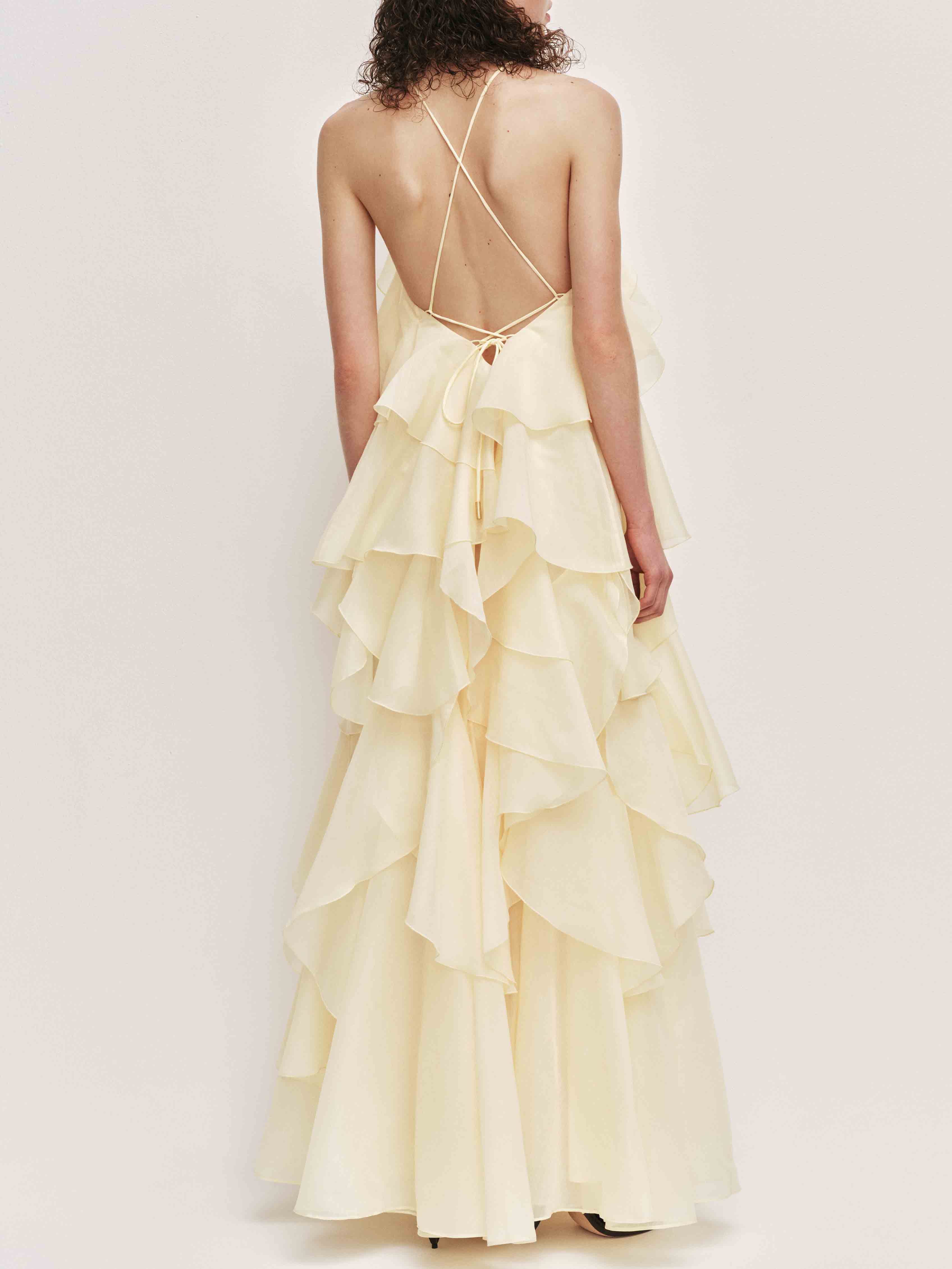 Elegant  3D Flower Ruffle Halter Maxi Dress