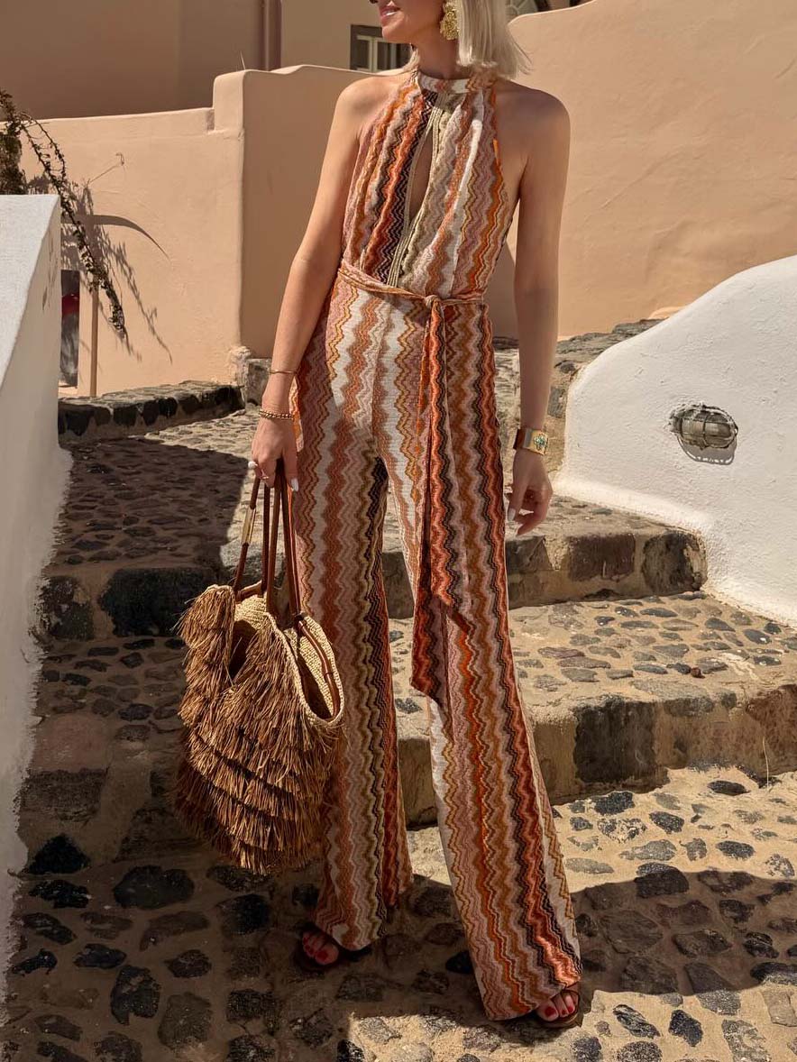 Casual Wave Print Halter Neck Jumpsuit