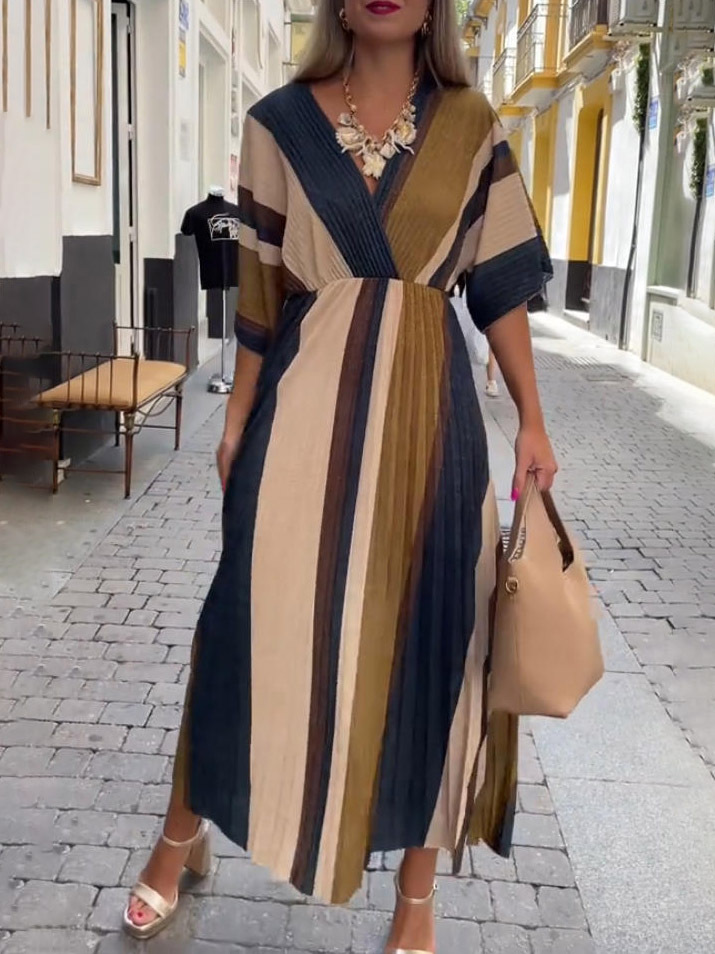 Elegant Irregular Stripe Print Pleated Maxi Dress