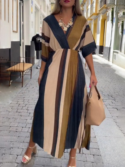 Elegant Irregular Stripe Print Pleated Maxi Dress