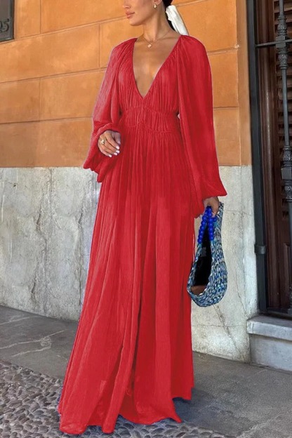 Elegant V-neck Chiffon Waist Pleated Maxi Dress