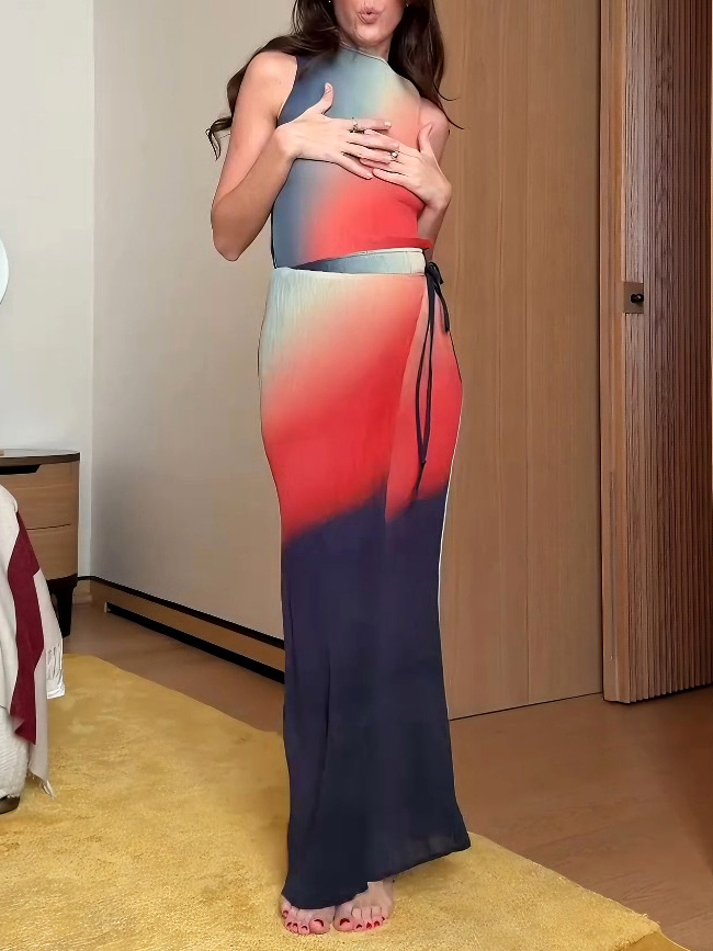 Elegant Gradient Abstract Print Sleeveless Two-Piece Set