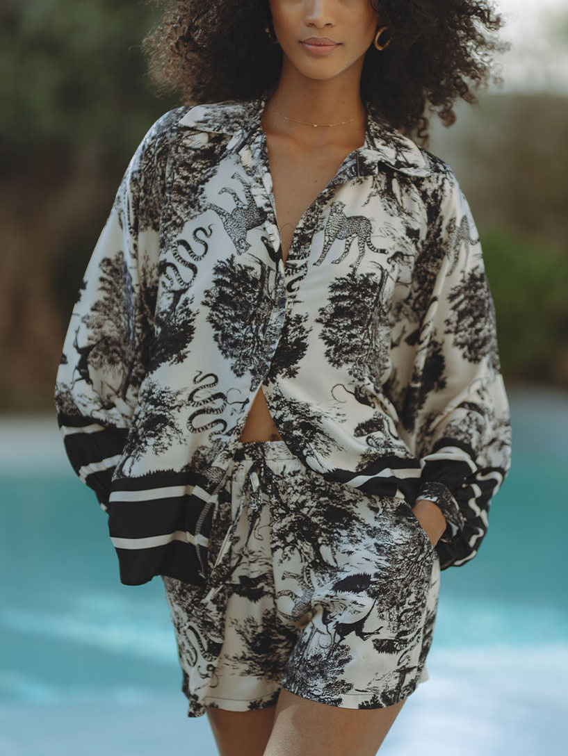 Satin Jungle Floral Print Loose Shorts Two-Piece Set