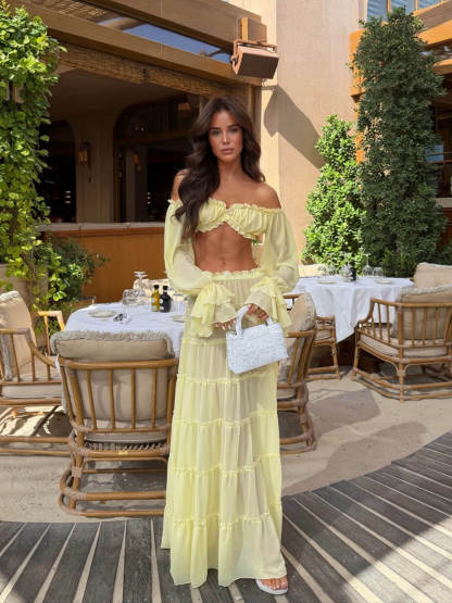 Fashion Off Shoulder Long Bell Sleeve Crop Top and Elastic Waist Layered Cover-up Maxi Skirt Set