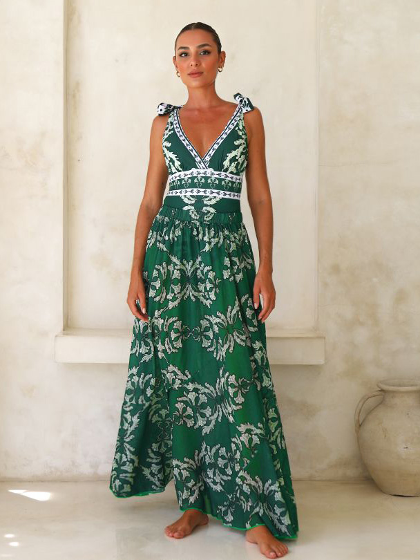 Retro Baroque Print Deep V-Neck One-Piece Swimsuit Set