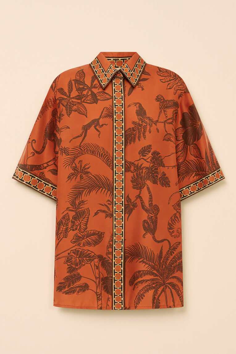 Unique Animal Print Satin Back-Slit Tie Shirt And Elastic-Waist Pocket Wide-Leg Pants Set