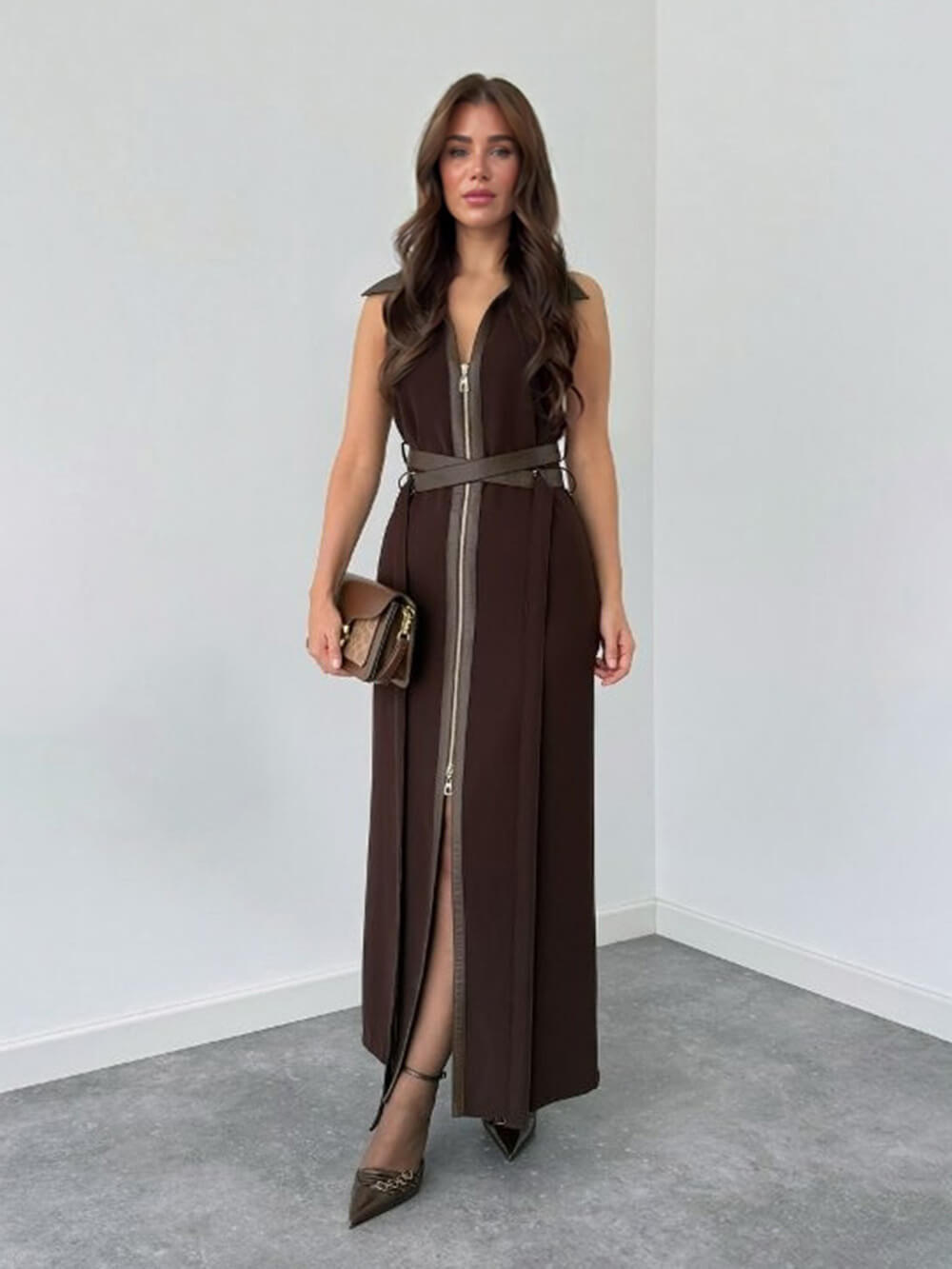 Retro Fashion Brown Lace-Up Zipper Maxi Dress