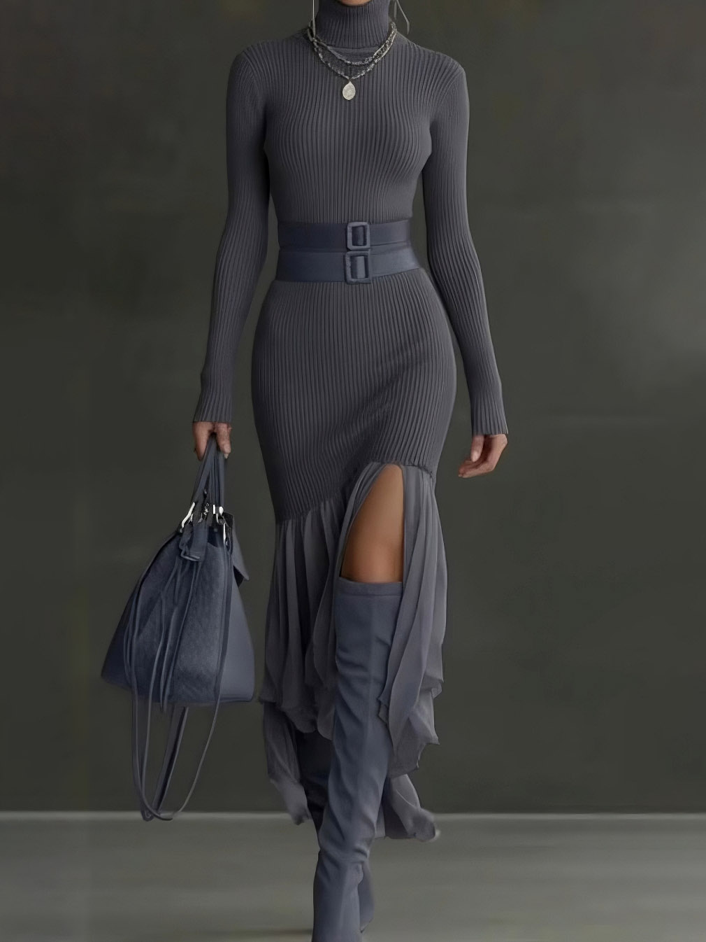 Elegant Asymmetrical Ruffled Knit Midi Dress