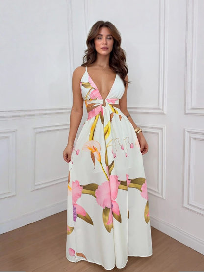 Bohemian White Backless Printed Slit Party Maxi Dress